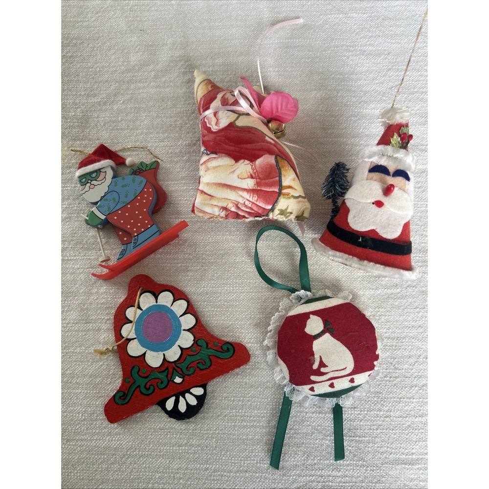 VTG Christmas Ornaments Lot of 5 Kitschy Boho Handmade Cats Santa Handmade